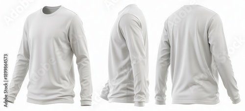 White long sleeve tshirt mockup set, front side back view, apparel template for design presentation