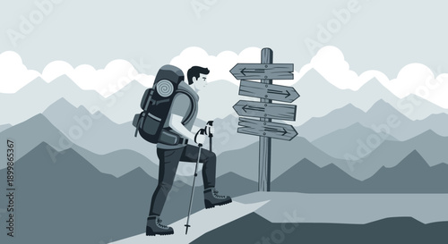 Hiker standing on mountain peak with multiple trail signs