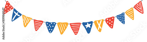 Triangular flags, bunting with different patterns hanging on string isolated on white background. Hand drawn flat vector illustration. Kids nautical print, design element, clip art, horizontal border