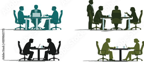 Business Team Meeting and Office Discussion Illustration Set with Professional People Collaborating at Conference Table for Corporate Management and Workplace Communication Concepts