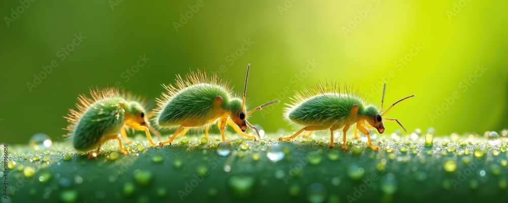 Fototapeta premium Three small green fuzzy insects walk on wet leaf surface. Tiny bugs move in dew drops with sunlight shining. Macro shot shows life in nature.