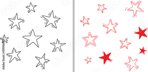 A dual-panel vector set of hand-drawn stars. The left panel features black sketchy outlines with varying line weights, while the right displays matching icons in a vibrant, thin-lined red style.