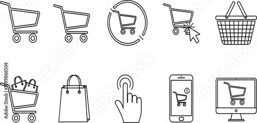 Online Shopping and E Commerce Cart Interaction Icon Set with Checkout, Purchase, Mobile, Web, and User Interface Symbols for Digital Retail Design Concepts