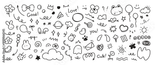 Cute doodle icons vector illustration with bunny, hearts, flowers, balloons, clouds, stars and speech bubbles in black and white. Hand drawn decor elements for kids, stickers and cards.