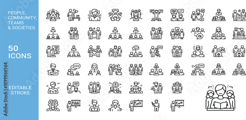 People Community and Teamwork Line Icon Set Featuring Social Interaction, Collaboration, Society Groups, Communication, Leadership, and Editable Stroke Human Network Concepts