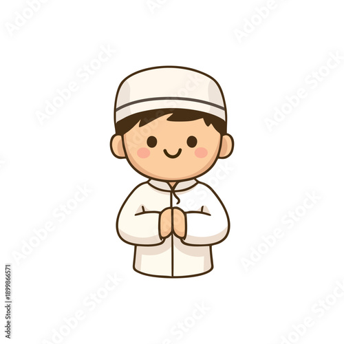 Cute Muslim Boy Praying Illustration in Flat Cartoon Style