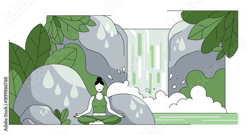 Serene woman meditating in nature with waterfall