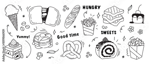 Food and sweets doodle vector illustration with ice cream, burger, fries, bread, cake, pretzel and snack icons in black and white. Hand drawn menu design for stickers, posters and packaging.