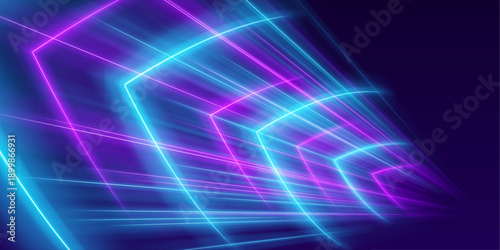 Radiant neon loops twist across a dark futuristic landscape. Motion blur and glowing gradients enhance perception of dynamic energy. Abstract sci-fi vector.