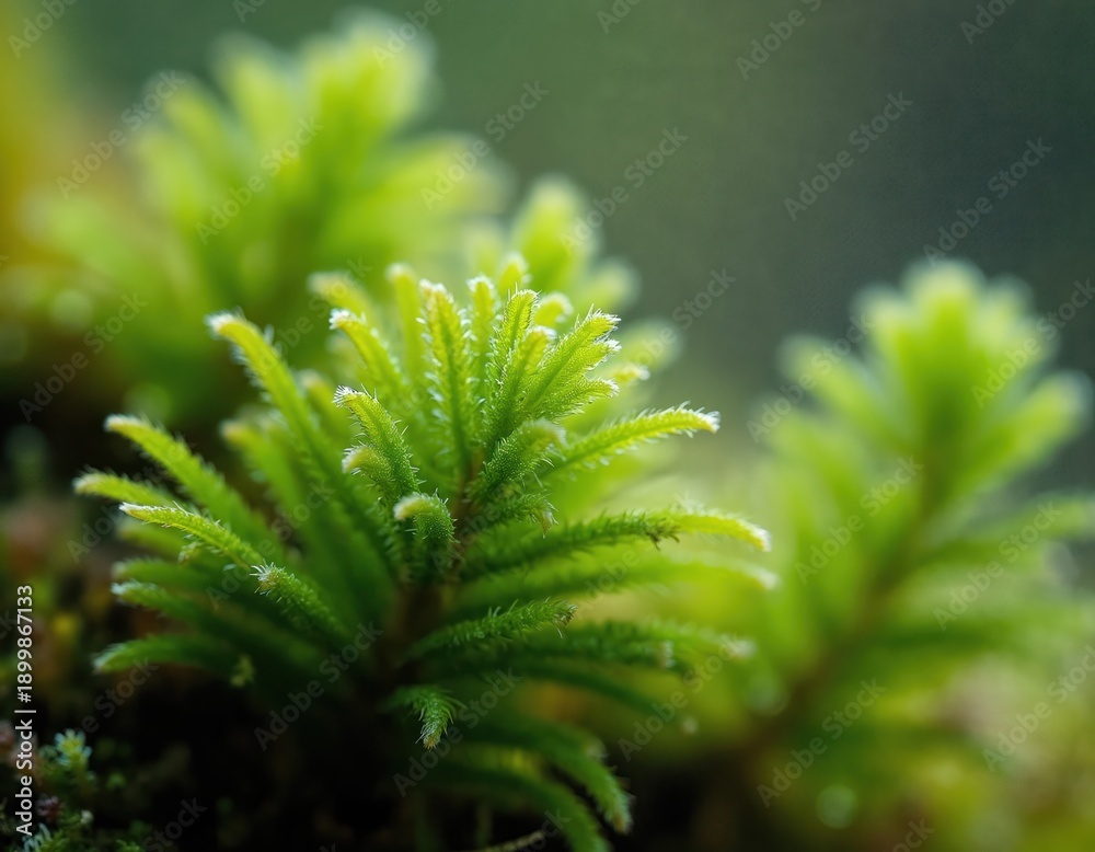 Fototapeta premium Macro shot of bright green Selaginella moss. Tiny spiky leaves create rich carpet. Small plant thrives in damp forest floor. Detailed texture of verdant foliage.