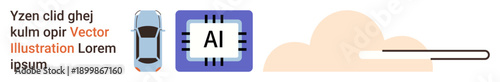Artificial intelligence, smart cars, machine learning, autonomous transportation, cloud computing, future technology. A car, AI chip and cloud. AI transportation and cloud computing concept
