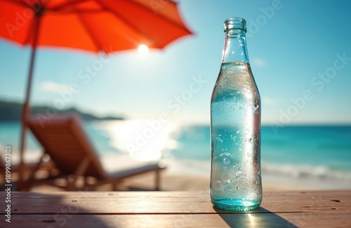Bottle of fresh water sits on wooden table at sunny beach. Red umbrella and lounge chairs on sand near calm ocean waves. Clear blue sky and sea create relaxing vacation vibe.
