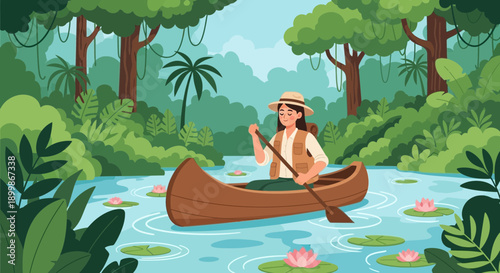 Woman paddling canoe through serene tropical river landscape