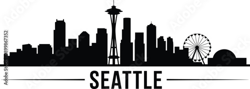 Seattle city skyline silhouette with Space Needle and waterfront ferris wheel, modern urban vector illustration for travel, tourism, architecture, branding, and graphic design projects