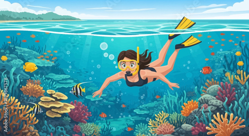 Woman Snorkeling in Vibrant Coral Reef with Tropical Fish