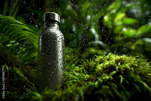 Reusable stainless steel water bottle with condensation in lush green forest