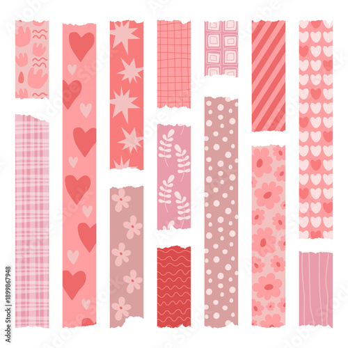 Pink washi tape. Set of pink washi stripes with hand drawn floral, geometric and abstract patterns. Trendy decorative scotch tape with ragged edges.  Perfect for scrapbooking, collages, stickers