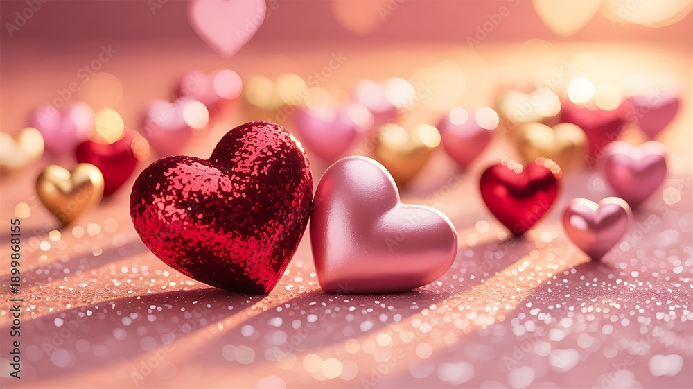 Fototapeta premium Valentine's day decor with shiny red and pink hearts on sparkling surface