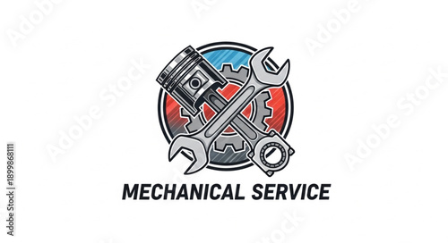 Mechanical Service Emblem with Piston and Wrenches.