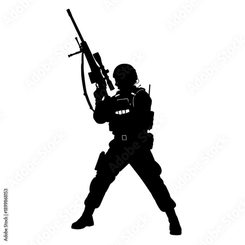 Silhouette of a soldier aiming a sniper rifle in combat gear.