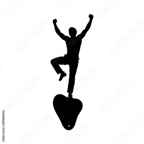 Silhouette of a triumphant man standing on a heart shape.
