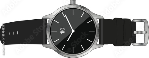 Black Leather Strap Silver Watch Closeup.