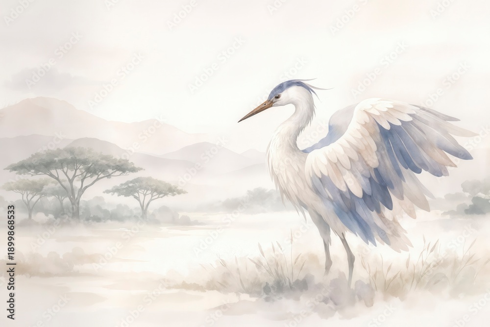 Obraz premium Watercolor White Heron with Spread Wings in Misty Lake Landscape, Soft Pastel Nature Illustration