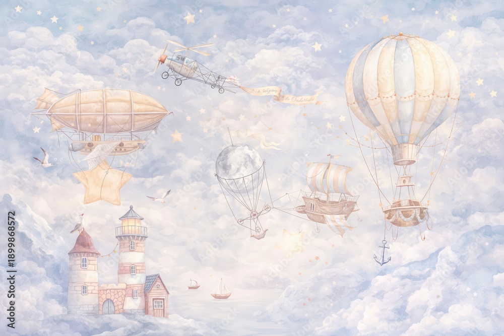Obraz premium Whimsical Watercolor Sky Adventure with Hot Air Balloons, Airships and Sailing Boats in Clouds, Dreamy Nursery Illustration