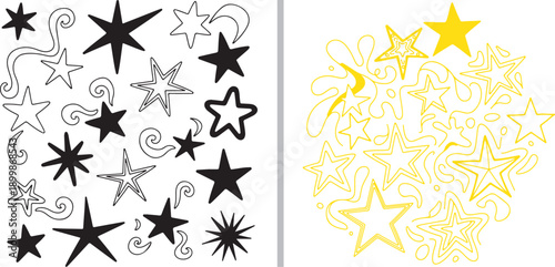 A dual-panel vector set featuring whimsical hand-drawn celestial elements. The left side displays black star and moon outlines with swirls; the right shows a dense yellow cluster of similar shapes.