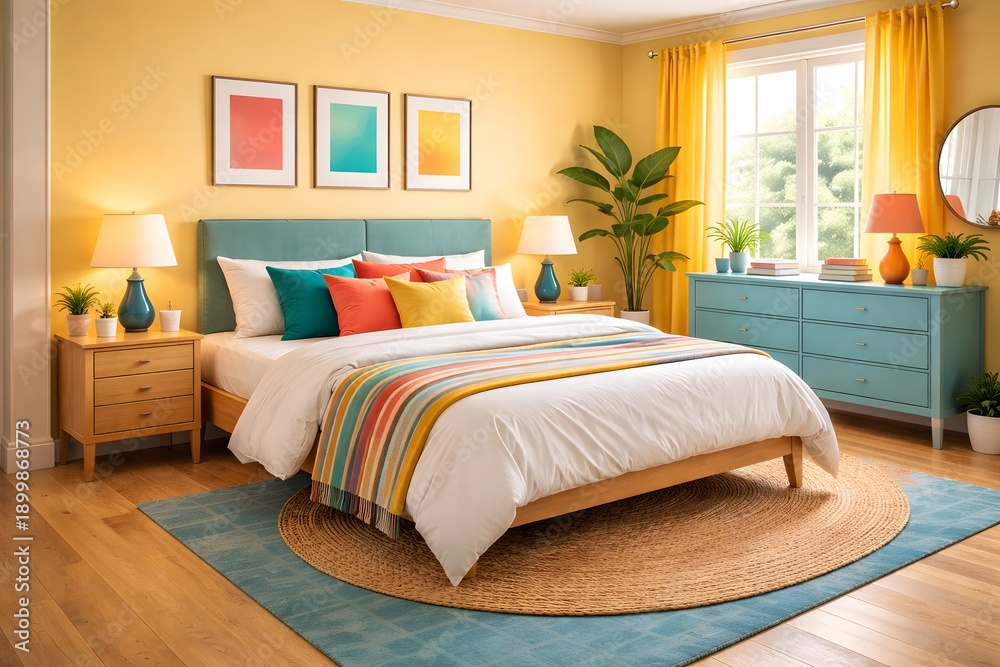 Fototapeta premium cozy bedroom with colorful blanket cushions plant lamp window and table