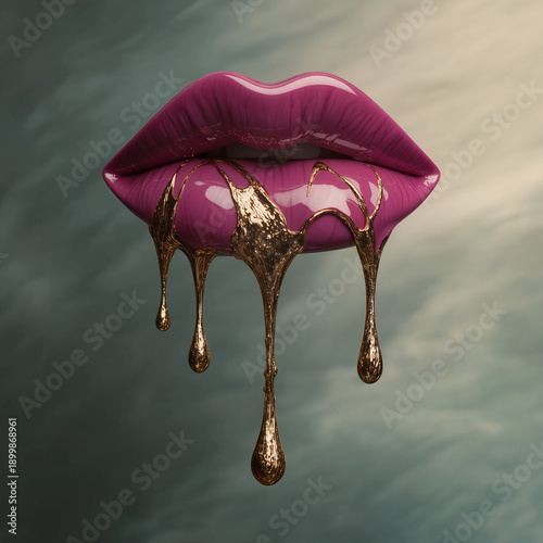 Stylish purple lips dripping gold liquid on a textured background