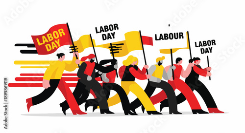 Illustration of diverse workers marching in unity with Labor Day signs and flags in a vibrant, dynamic composition.