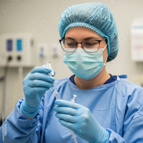 Medical professional in sterile uniform prepares injection in hospital setting.