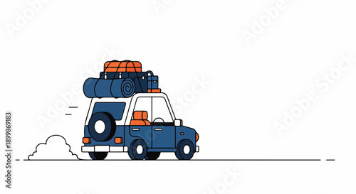 Illustration of a blue car with luggage on top driving on a road with motion blur, conveying a sense of adventure and travel.