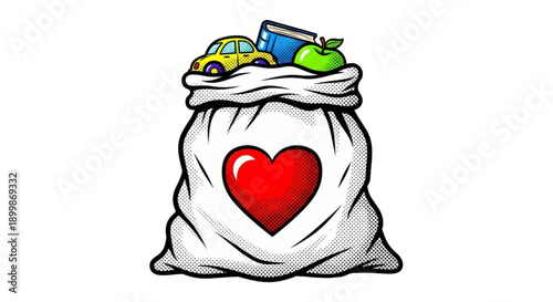 Bag filled with toys, books, and an apple featuring a heart  