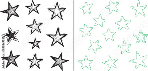 A collection of hand-drawn vector stars in black and green line art styles, featuring cross-hatched shading, sketchy outlines, and simple organic shapes on a clean white background.