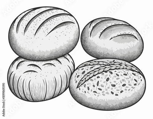 A handdrawn set of five round bread loaves with wheat ears in a black and white sketch style.