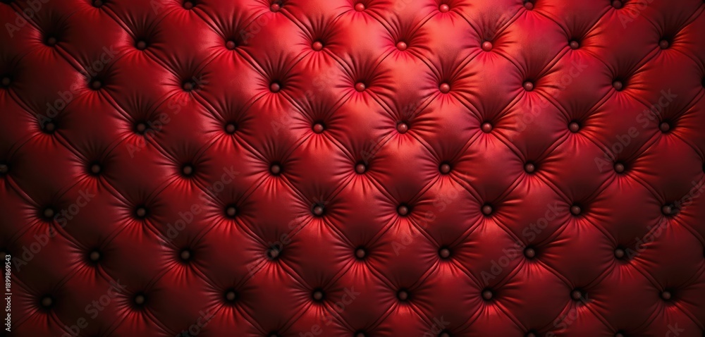 Fototapeta premium Close view of red tufted leather background. Diamond pattern with buttons creates rich texture. Luxurious, antique style adds opulence to decor.