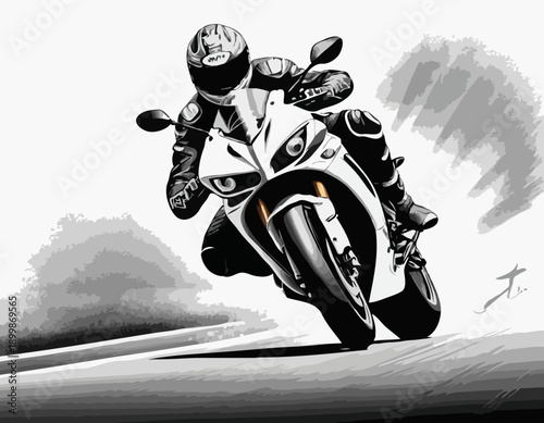High-Speed Motorcycle Cornering Illustration in Detailed Black and White Style