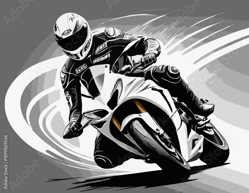 High-Speed Motorcycle Cornering Illustration in Detailed Black and White Style