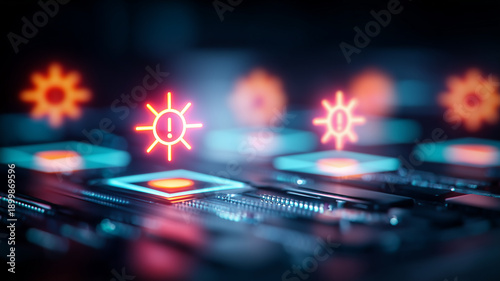 Obraz na płótnie Malware warning icons over computer microchip illustrating cybersecurity vulnerability and system risk concept. 