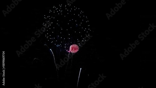 Clean sky-only Independence Day fireworks footage, pure deep black night sky with no horizon
