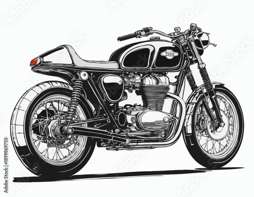 Detailed line drawing of a classic cafe racer motorcycle design with visible engine details
