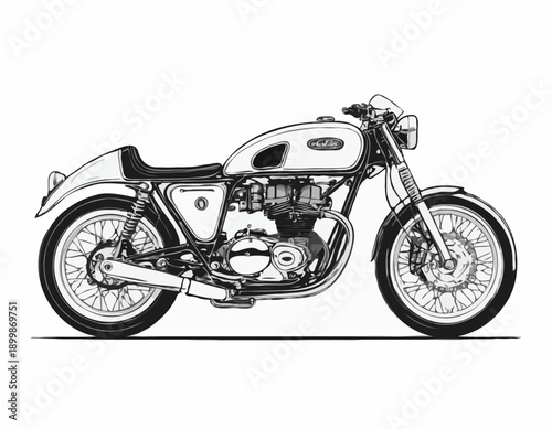 Detailed line drawing of a classic cafe racer motorcycle design with visible engine details