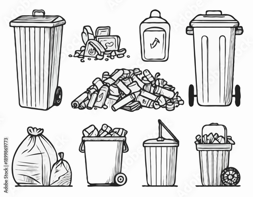 Handdrawn black and white line art set of recyclable waste trash and garbage icons.