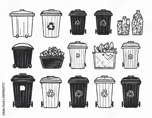Handdrawn black and white line art set of recyclable waste trash and garbage icons.