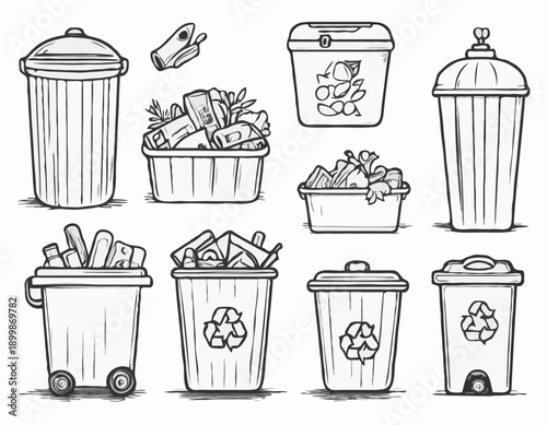 Handdrawn black and white line art set of recyclable waste trash and garbage icons.