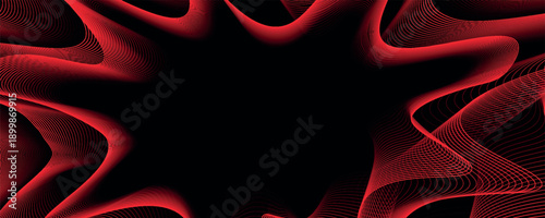 Black background with modern techno abstract red lines decoration. Glowing wave lines style graphic design concept for web, poster, brochure, card, flyer and banner.