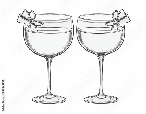Handdrawn sketch of two champagne coupe glasses toasting one decorated with a ribbon bow.