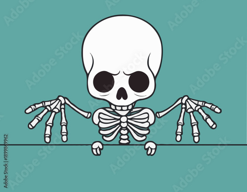 A curious cartoon skeleton skull with large eyes and bony hands peeking over a horizontal line.